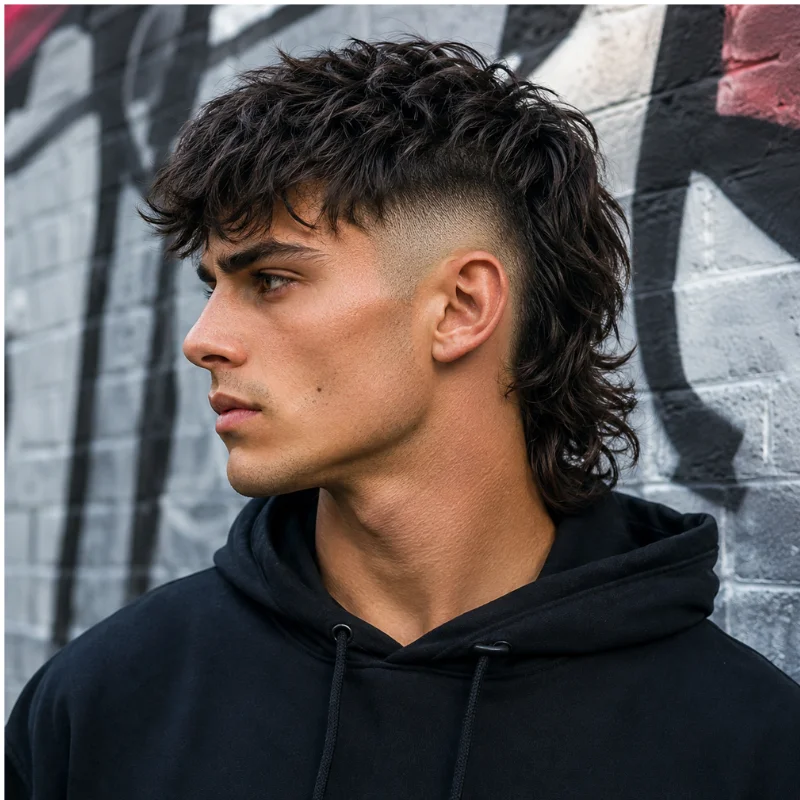 Modern mullet with skin fade, textured top and curly layered back