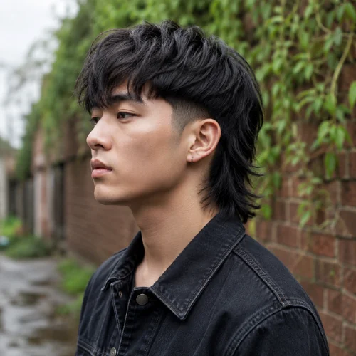 Modern Mullet Taper Fade on a young man with black straight hair, photographed in a brick alley with greenery.