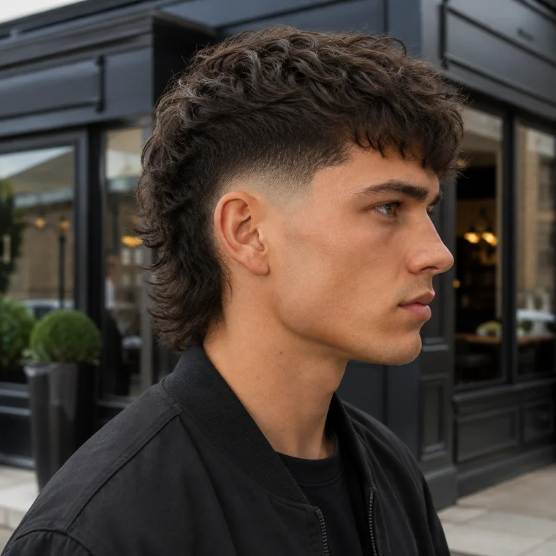 Modern mullet taper fade with textured curly top and longer back