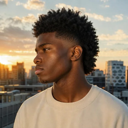 Photorealistic young Black man showcasing a modern mullet temple fade with textured coily hair on a rooftop at warm sunset.