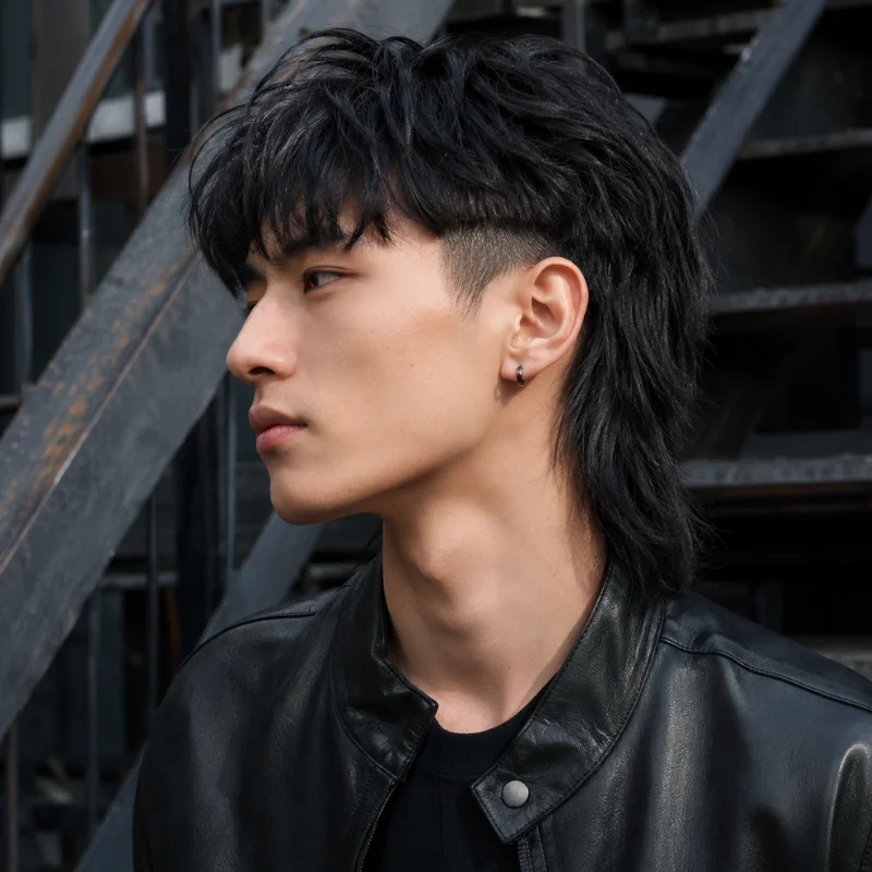 Modern mullet undercut with short sides, heavy fringe and long straight back