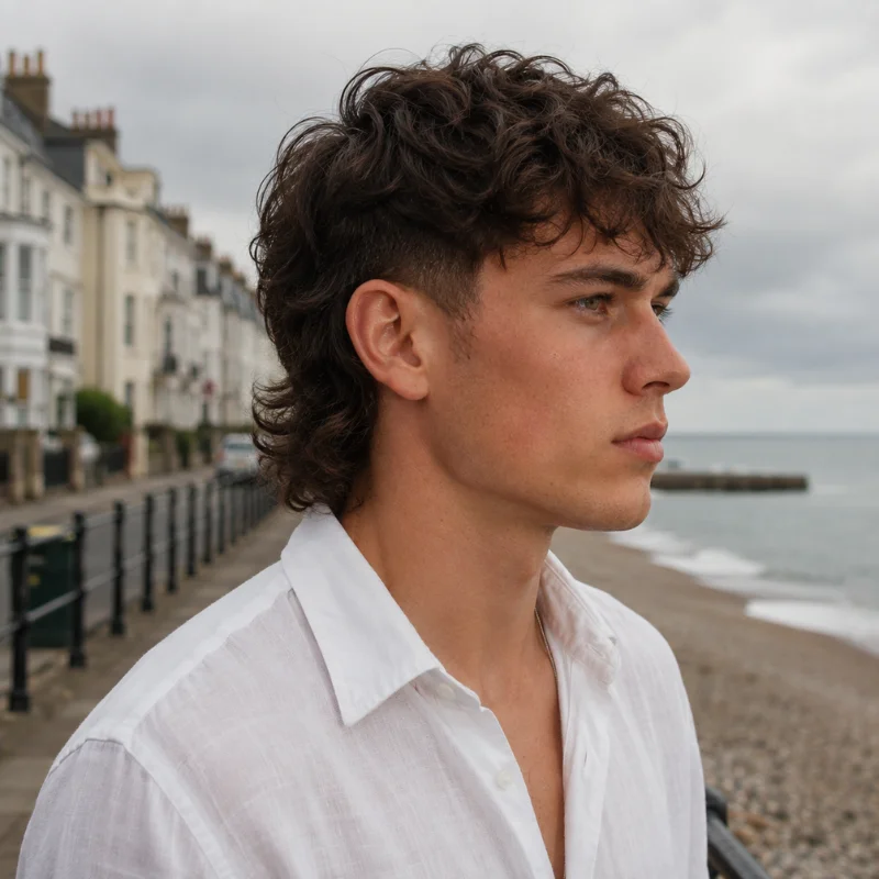 Modern mullet for wavy hair with textured curls and softly layered back