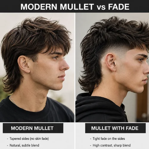 Modern Mullet vs Fade hairstyle comparison featuring two realistic male models, showing a textured modern mullet with tapered sides versus a mullet with a tight fade and stronger contrast.