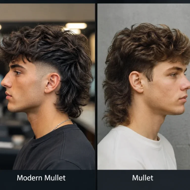 Modern Mullet vs Mullet comparison showing two realistic male hairstyles side by side, with a clean faded modern mullet on the left and a fuller, shaggy traditional mullet on the right.