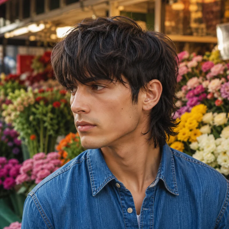 Modern mullet with long bangs, textured top and layered hair at the back