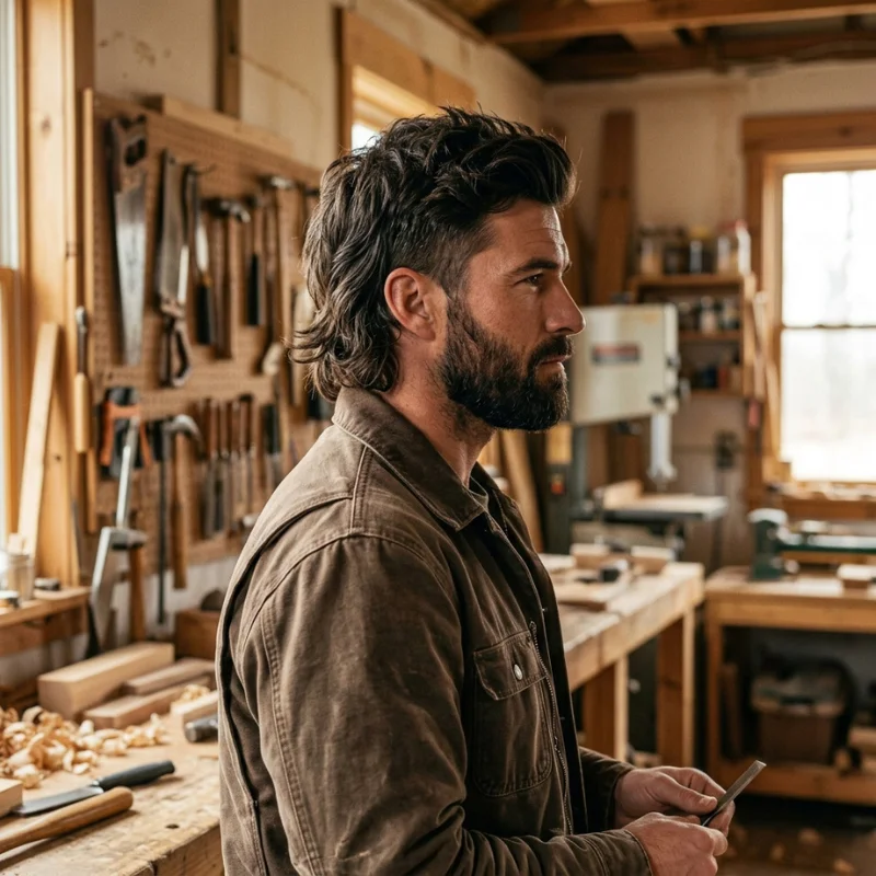 Modern men's mullet hairstyle with swept back layers and full beard