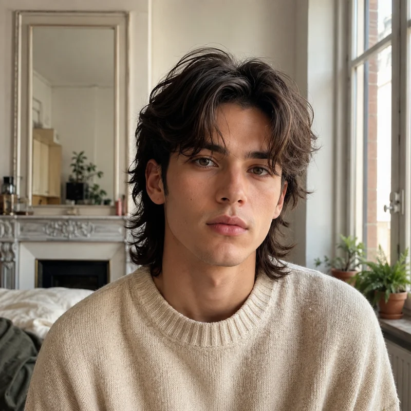 Modern mullet with curtain bangs, middle part and flowing layered back