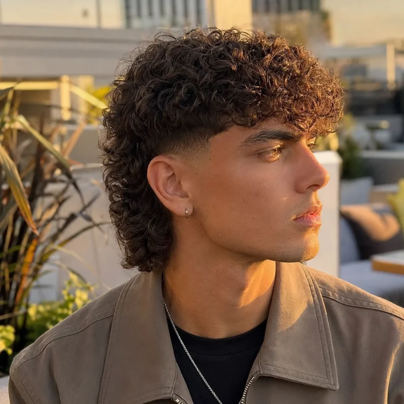Modern men's mullet with curly textured top and neatly tapered sides
