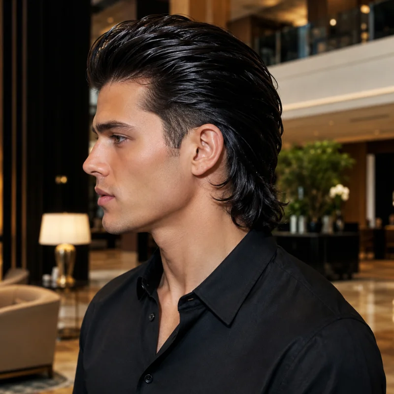 Slicked back modern mullet with smooth top and longer hair at the nape