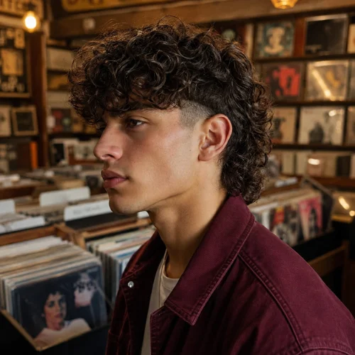 Permed Modern Mullet Fade on a young man with dark brown curly hair, wearing a burgundy jacket inside a vintage record store.