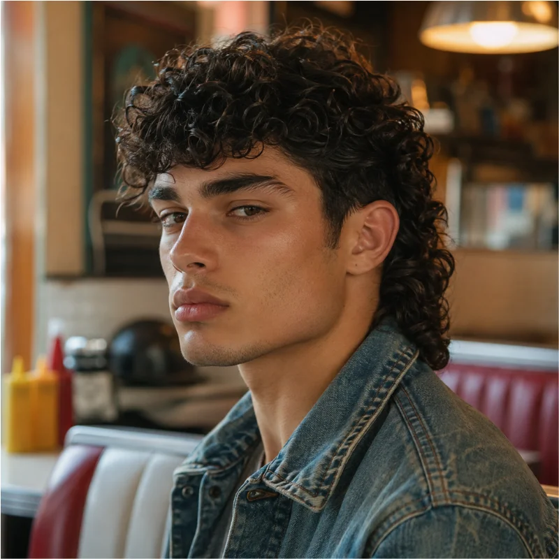 Permed modern mullet with defined curls and longer curly hair at the back