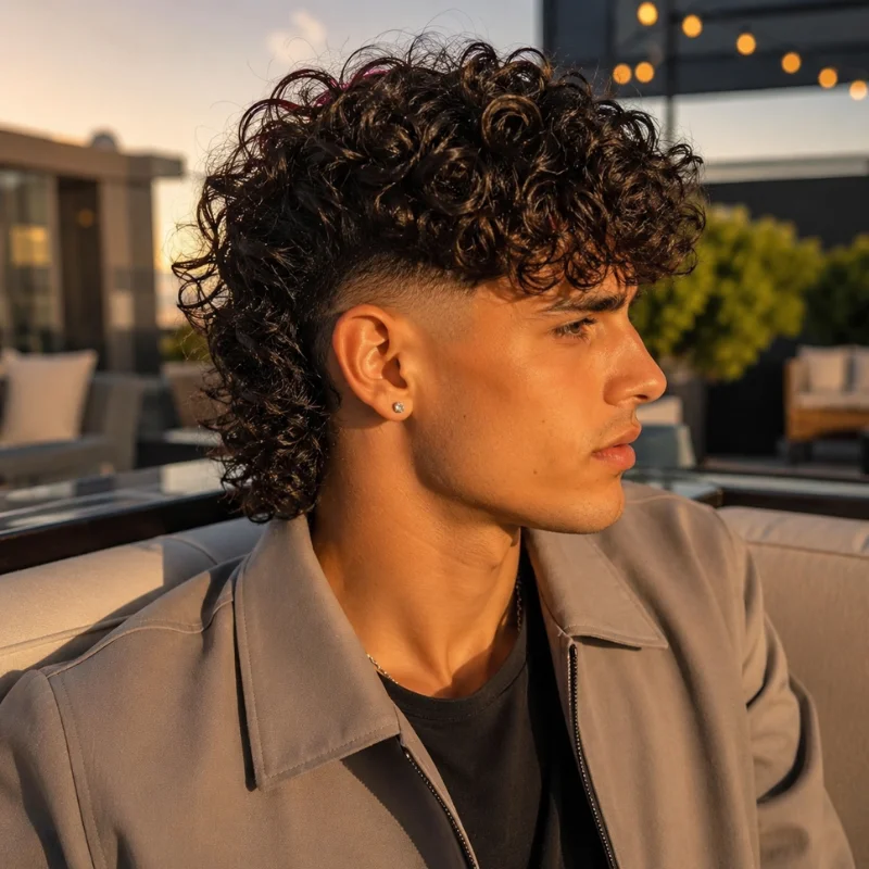 Permed mullet with fade, tight curls on top and curly textured back
