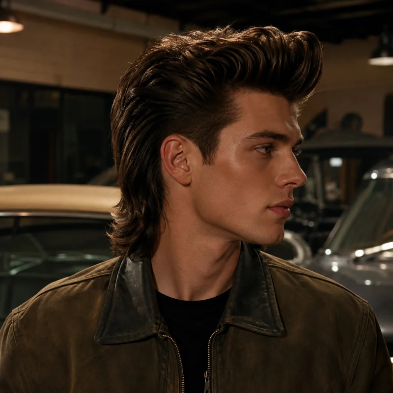 Pompadour mullet hairstyle with voluminous swept back top and longer nape