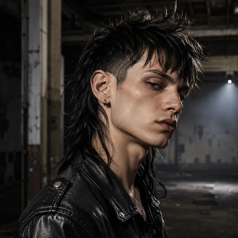 Punk mullet haircut with spiky black hair, short sides and long edgy back