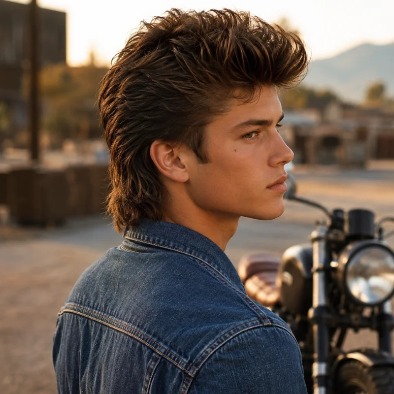 Quiff mullet hairstyle with voluminous swept up top and textured longer back