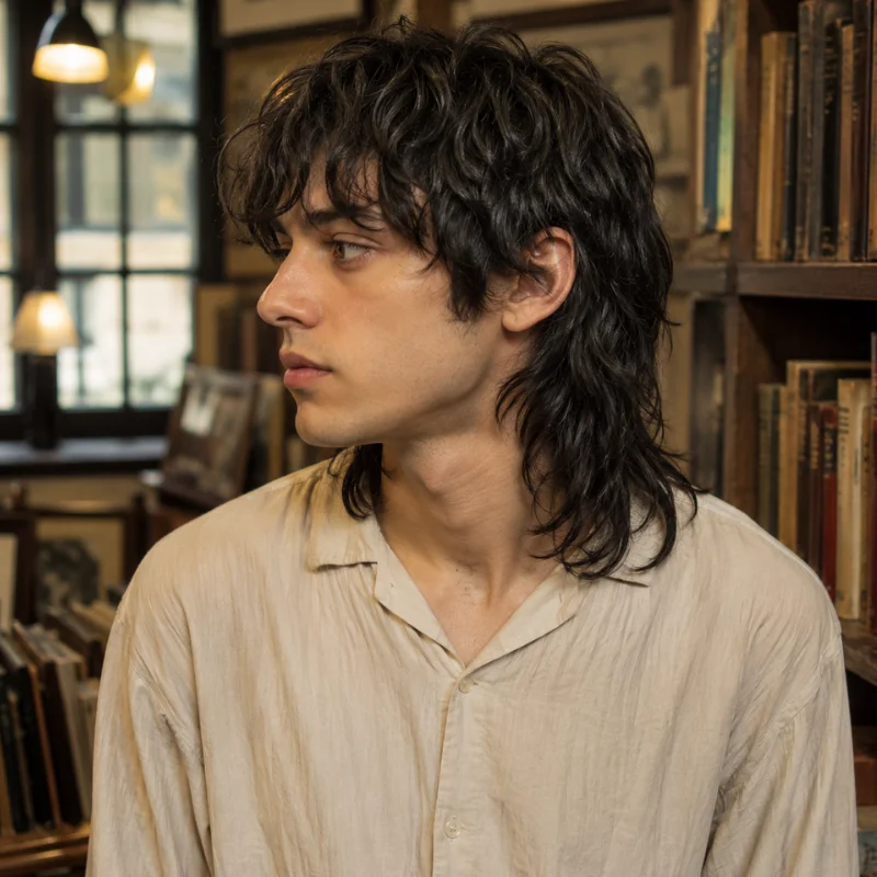 Shaggy mullet haircut with messy wavy layers and long textured hair at the back