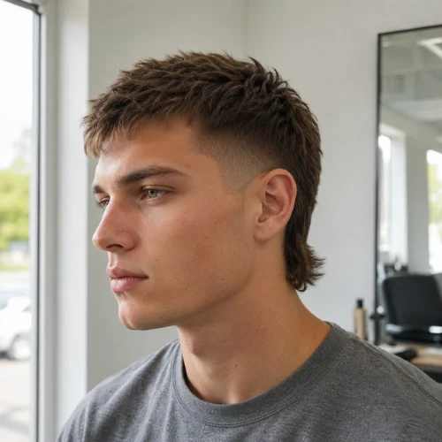 Realistic young white male with a short modern mullet fade, featuring textured dark blond hair on top, clean faded sides, and a moderately longer back, wearing a gray T-shirt in a bright minimalist barber studio with natural window light.