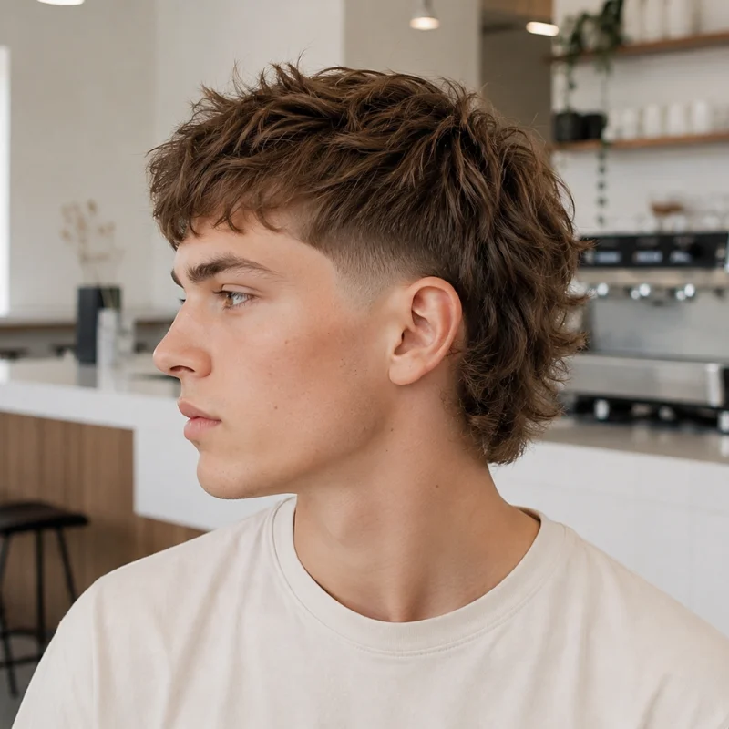 Short modern mullet with textured top, faded sides and cropped layered back