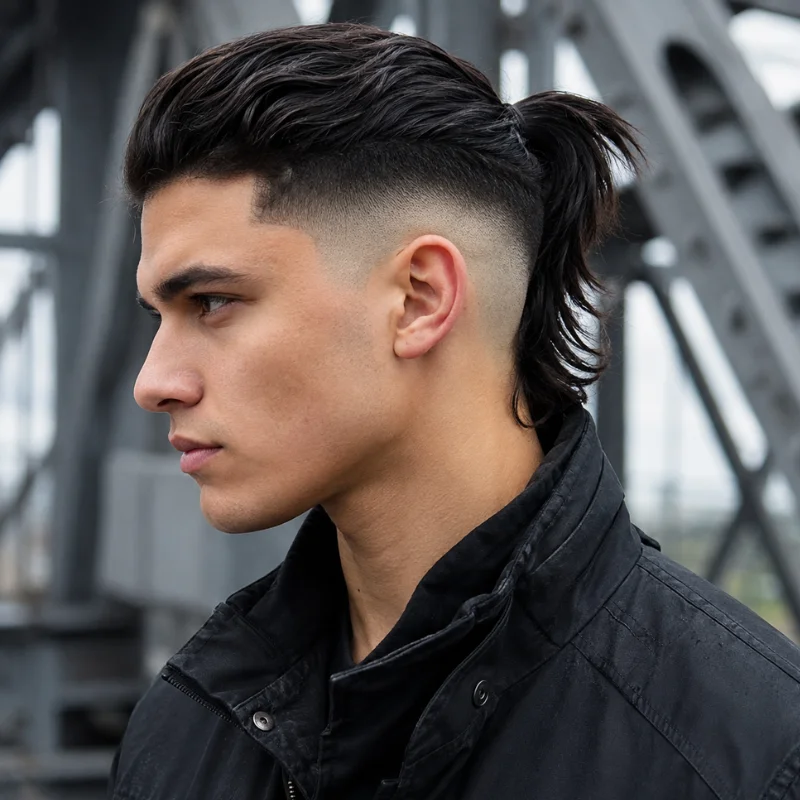 Ponytail mullet with high skin fade, slicked back top and tied longer hair