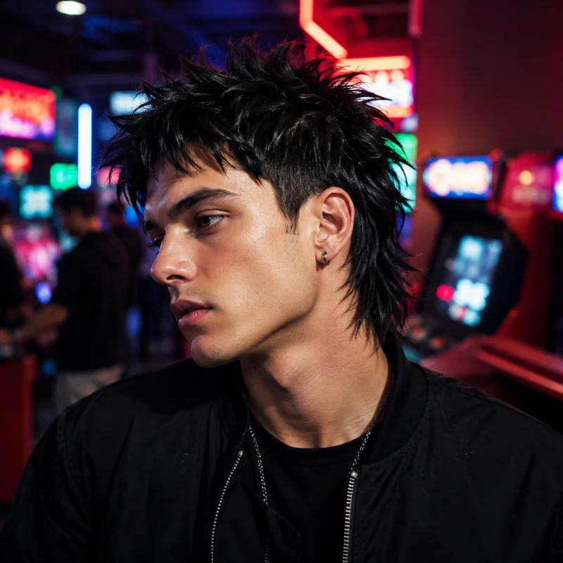 Spiky modern mullet with choppy textured top and short layered back