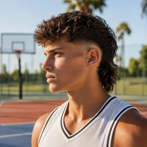 Sporty modern mullet fade hairstyle on a young man wearing a white athletic jersey on a basketball court