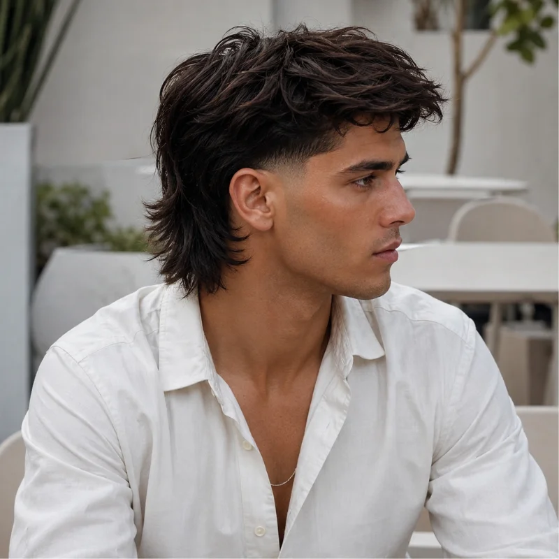 Modern mullet with temple fade, wavy textured top and layered back