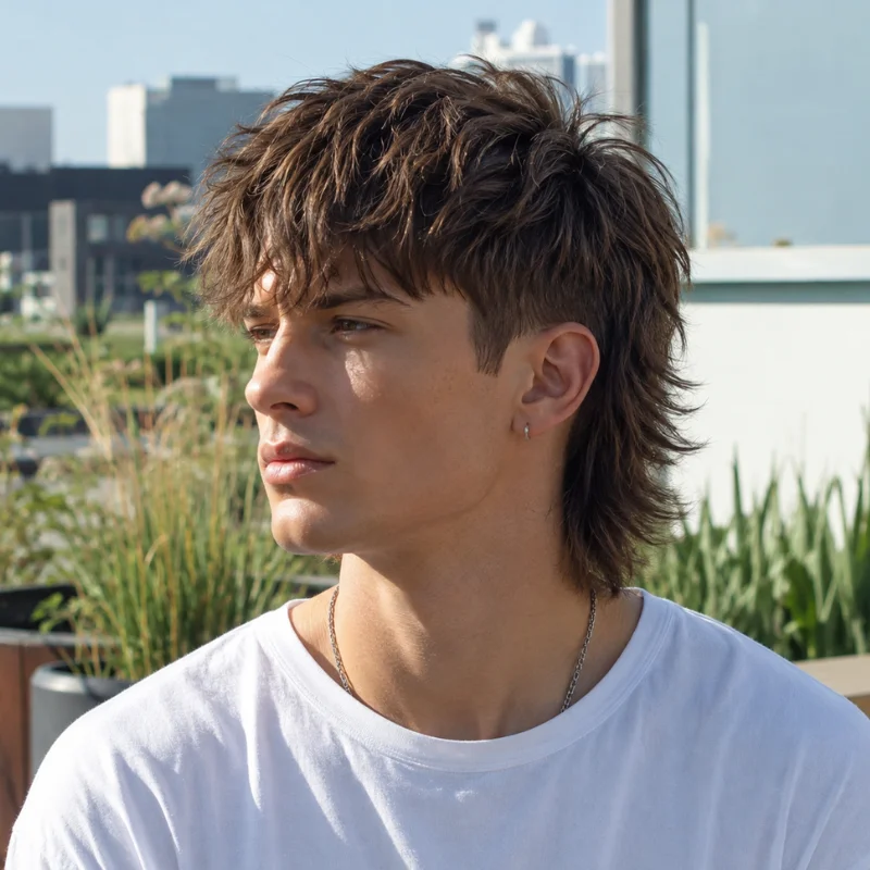 Modern mullet with textured fringe, tapered sides and layered longer back