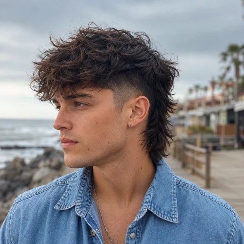 Textured modern mullet fade with choppy layers and a longer messy back on a young man in a light blue denim shirt by a coastal boardwalk.