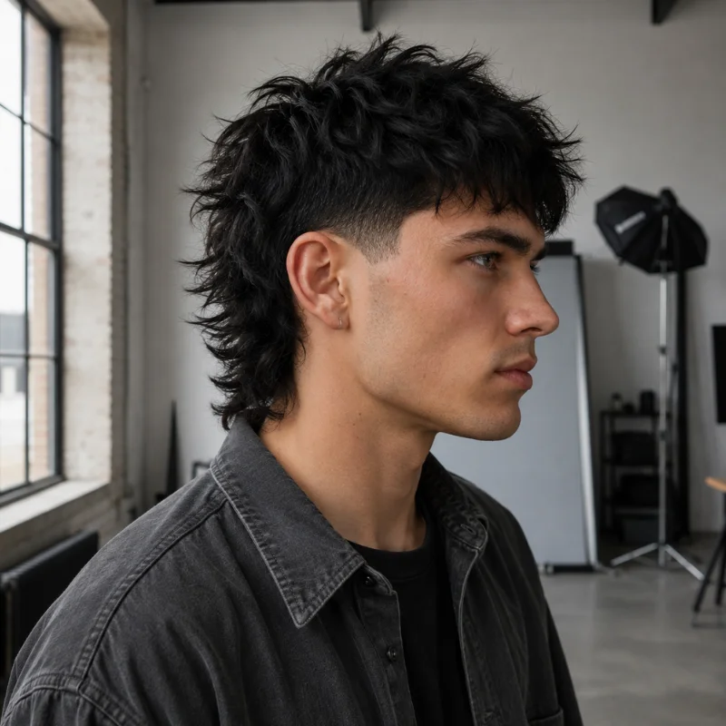 Textured modern mullet haircut with messy top, tapered sides and feathered back