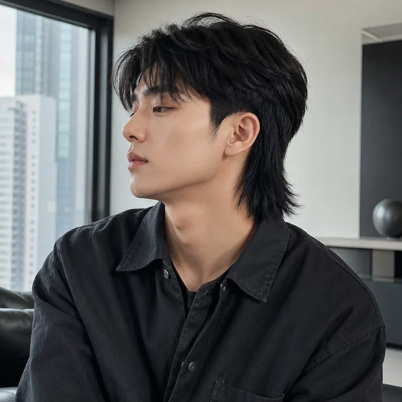 Two block mullet hairstyle with layered black hair, short sides and longer nape