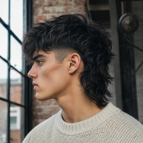 Alt text: Young man with thick black hair wearing a cream sweater, showcasing an undercut modern mullet fade with longer textured hair at the back.