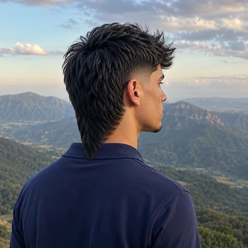 A young man with a V-back modern mullet fade and black textured hair wearing a navy polo shirt, standing against a mountain landscape in late-afternoon natural light.