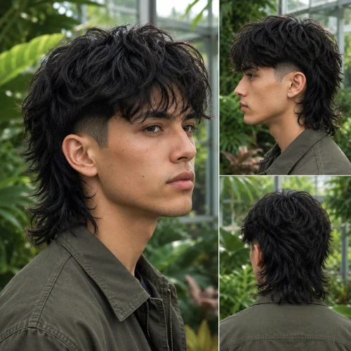 Young man with a textured wolf cut mullet fade, featuring short faded sides, voluminous choppy layers, and a longer shaggy back, photographed in a lush greenhouse.