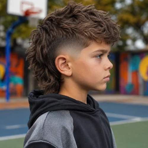 Kids burst fade mullet haircut with curved fade around the ears