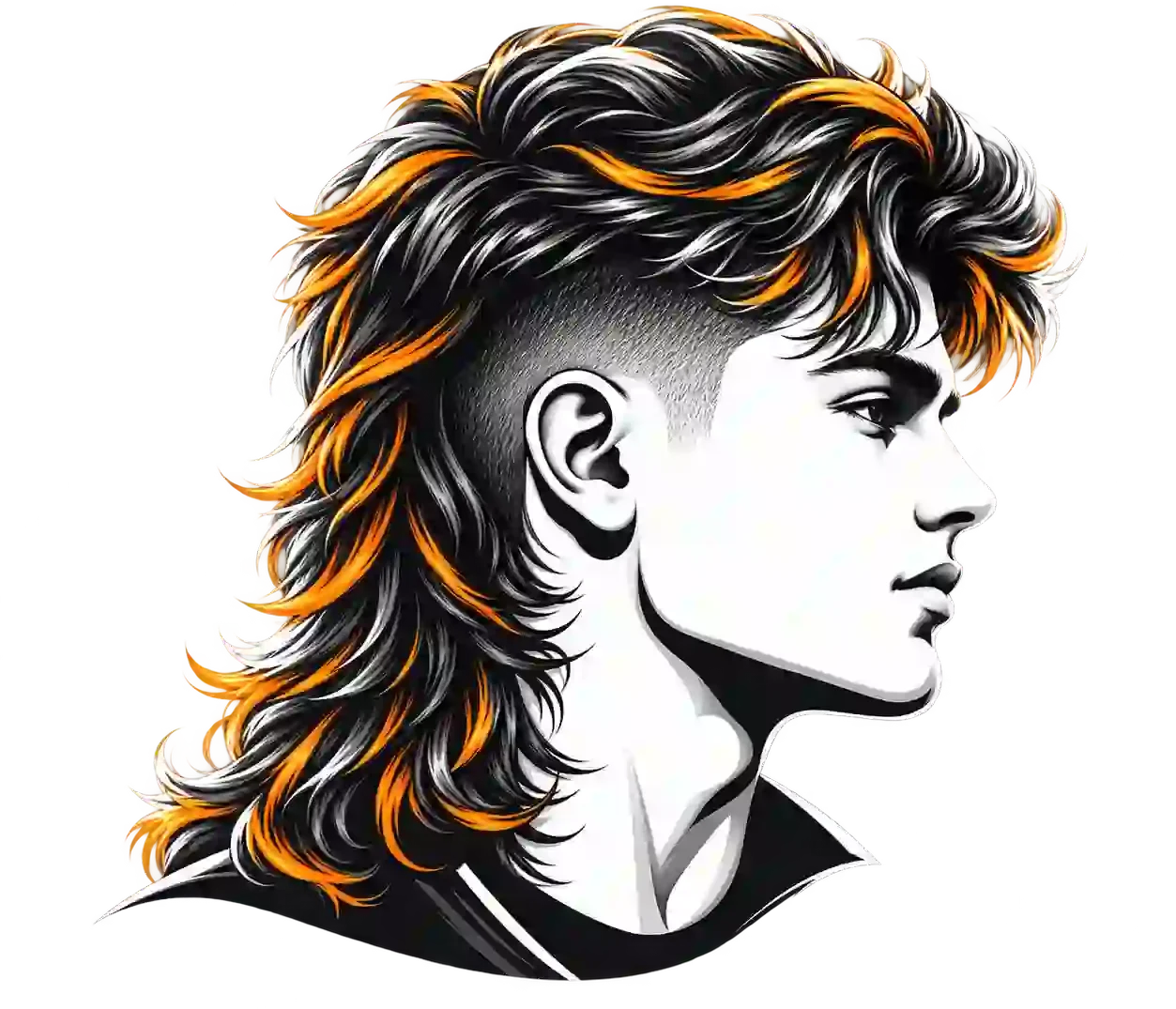 Modern Mullet Haircut logo featuring a stylish mullet hairstyle, with Modern Mullet Haircut text in white and orange on a dark charcoal background.
