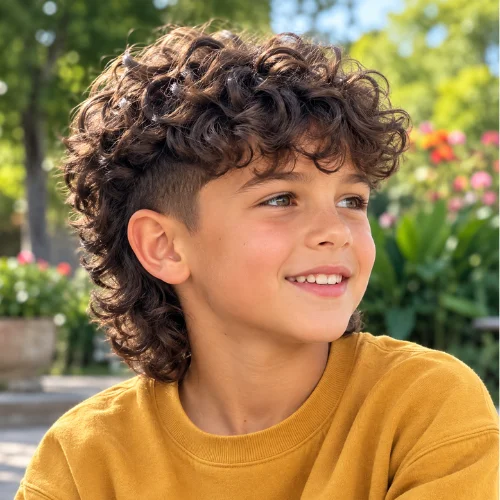 kids Curly mullet haircut showing natural curls with a defined mullet shape