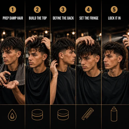 Five-panel modern mullet styling guide showing damp-hair preparation, building crown volume, defining the longer back, shaping the fringe, and finishing with light hairspray for a natural hold.