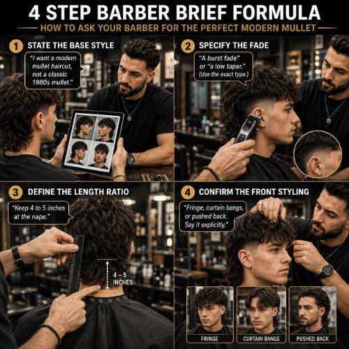 Four-panel modern mullet barber guide showing how to communicate the haircut: state the modern mullet style, specify the fade type, define 4–5 inches of length at the nape, and choose the front styling such as fringe, curtain bangs, or pushed back.