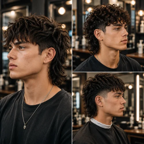 Editorial collage of three young men wearing modern mullet haircuts, featuring straight textured, curly, and clean tapered variations in a professional barbershop setting