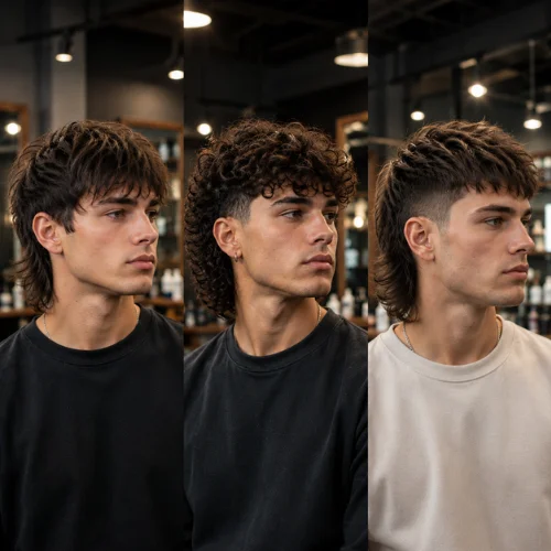 Three young men with modern mullet haircuts featuring textured, curly, and tapered sides, photographed in a softly lit professional barbershop.