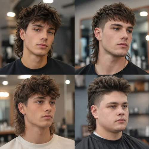 Three young men showcasing modern mullet haircuts suited to different face shapes, including oval, square, and round faces, with textured hair, tapered sides, and longer backs.